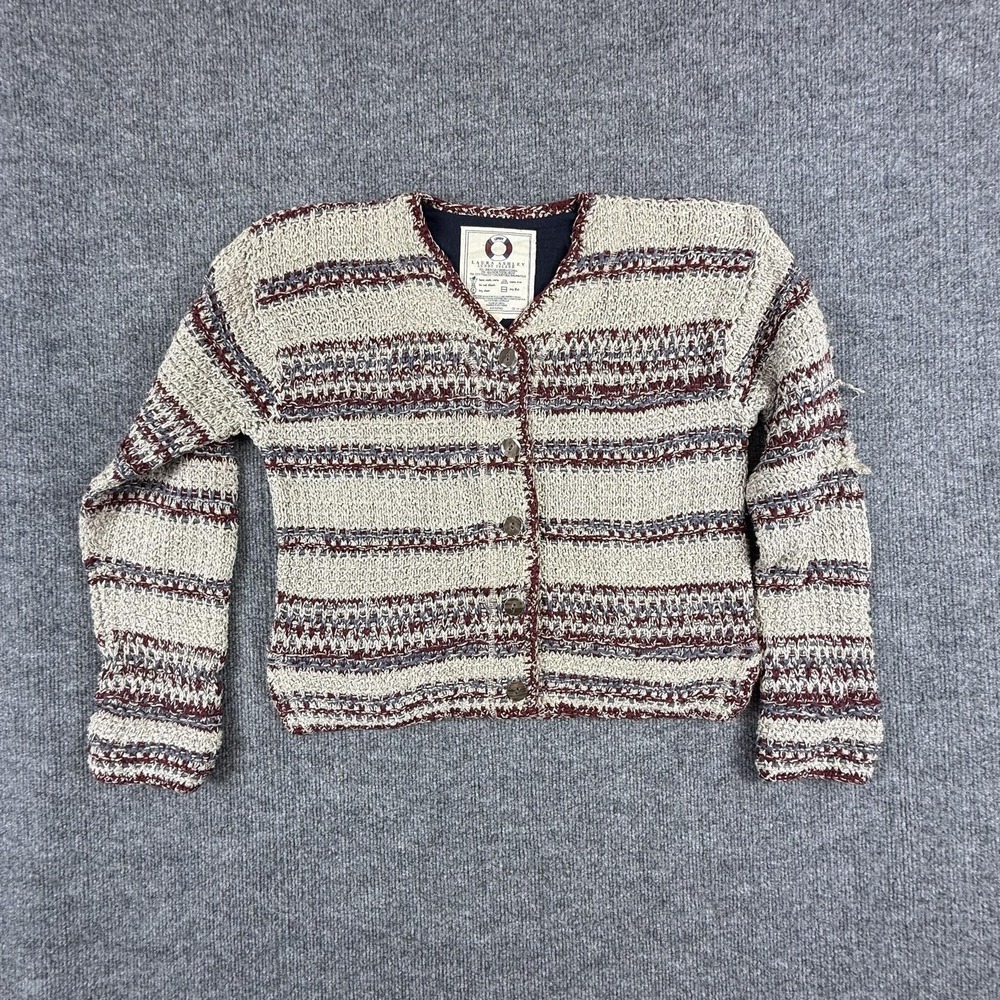 Laura Ashley Cardigan Sweater Womens Small Beige Striped Open Knit Linen Silk